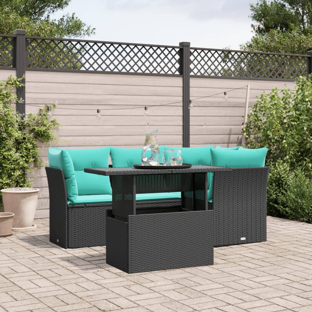 vidaXL 5-teiliges Gartensofa-Set mit Kissen, schwarzes Polyrattan