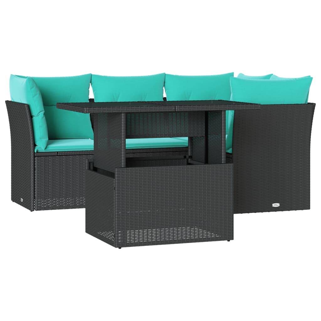 vidaXL 5-teiliges Gartensofa-Set mit Kissen, schwarzes Polyrattan