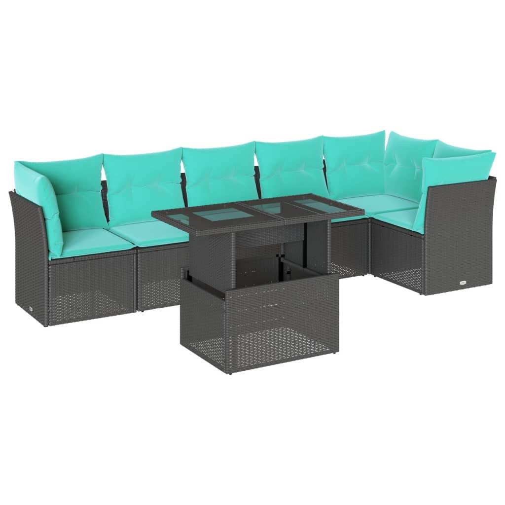vidaXL 7-teiliges Gartensofa-Set mit Kissen, schwarzes Polyrattan
