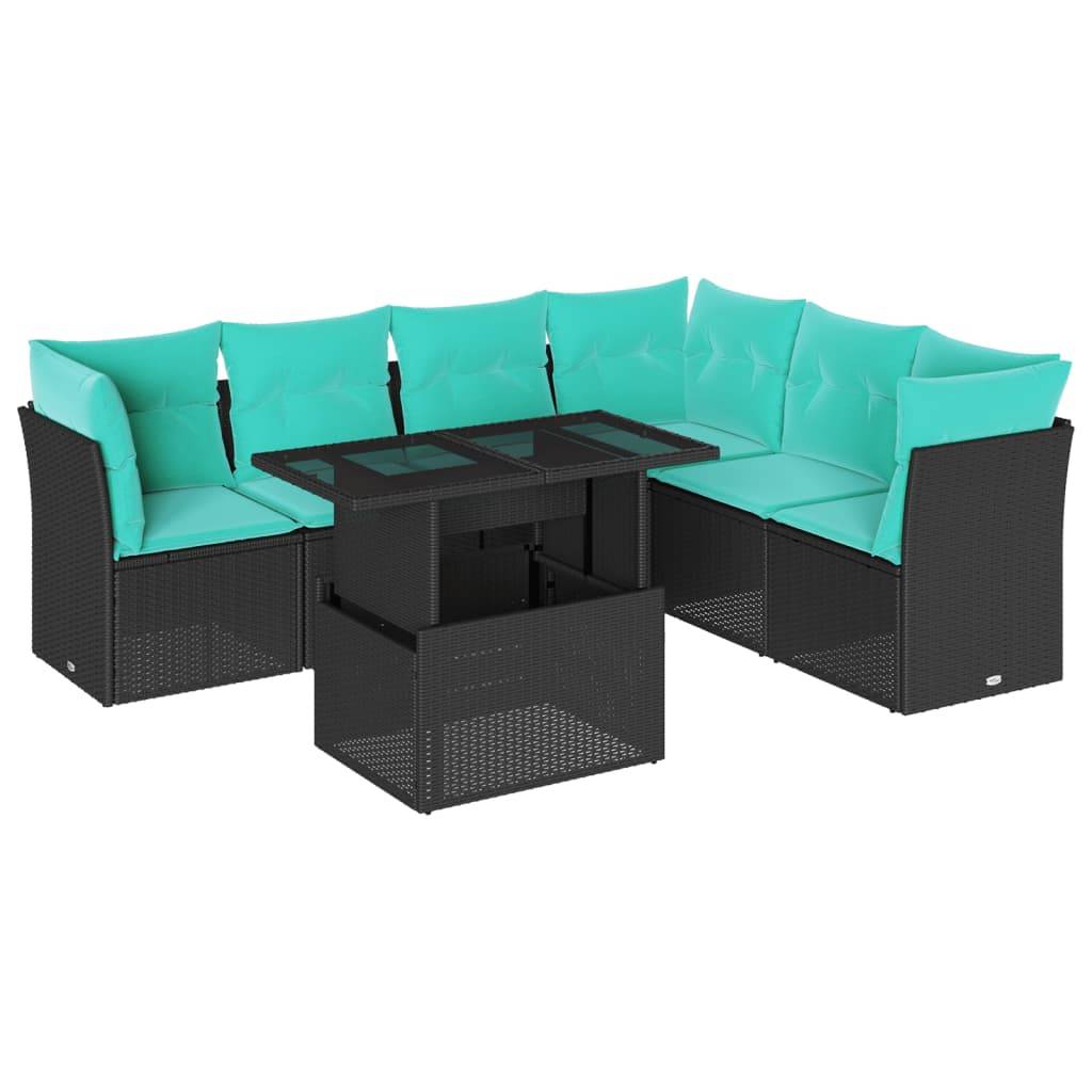 vidaXL 7-teiliges Gartensofa-Set mit Kissen, schwarzes Polyrattan