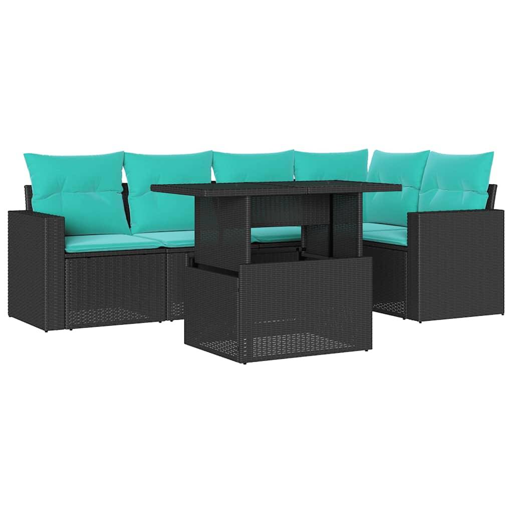 vidaXL 6-teiliges Gartensofa-Set mit Kissen, schwarzes Polyrattan