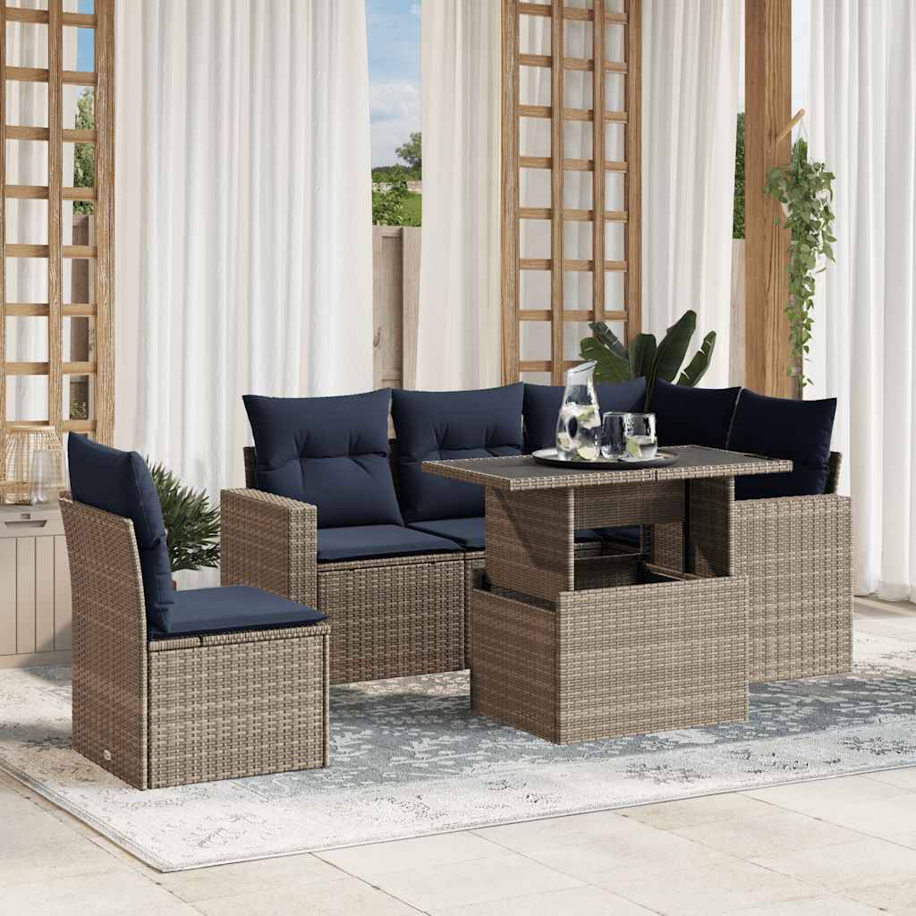 vidaXL 6-teiliges Gartensofa-Set mit Kissen, grau, Polyrattan