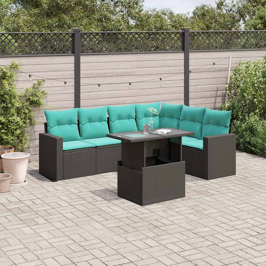 vidaXL 7-teiliges Gartensofa-Set mit Kissen, schwarzes Polyrattan