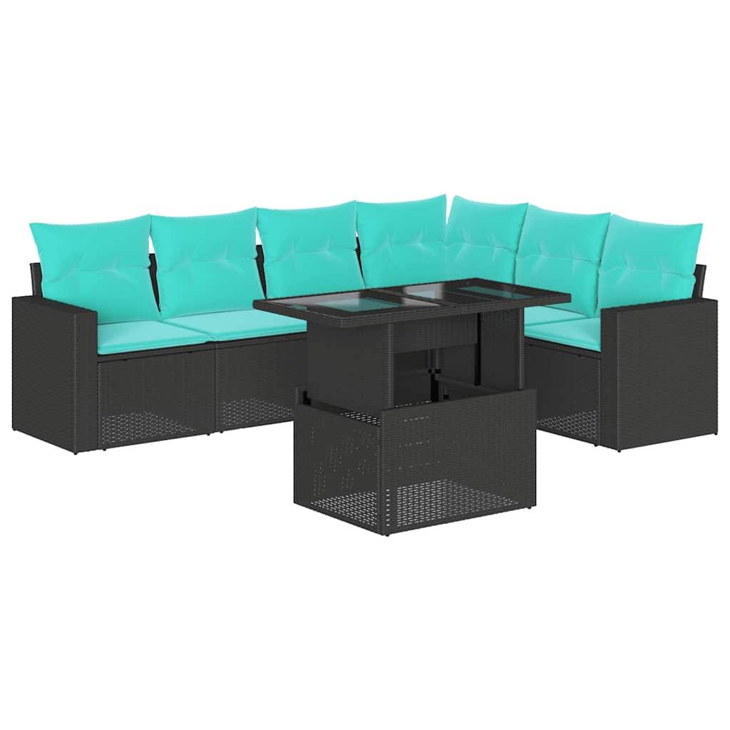 vidaXL 7-teiliges Gartensofa-Set mit Kissen, schwarzes Polyrattan