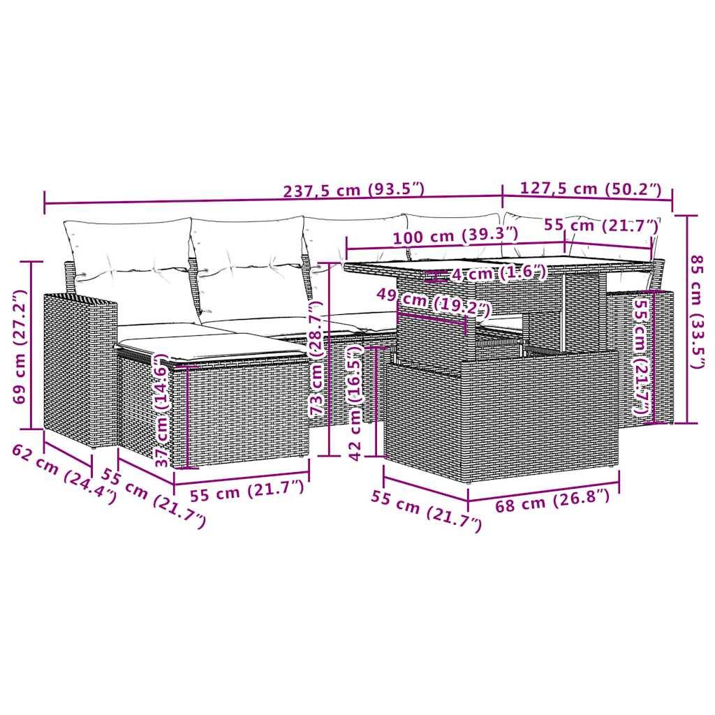 vidaXL 7-teiliges Gartensofa-Set mit Kissen, grau, Polyrattan