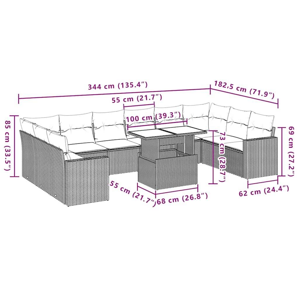 vidaXL 11-teiliges Gartensofa-Set mit Kissen, braun, Polyrattan