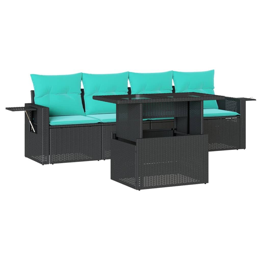 vidaXL 5-teiliges Gartensofa-Set mit Kissen, schwarzes Polyrattan