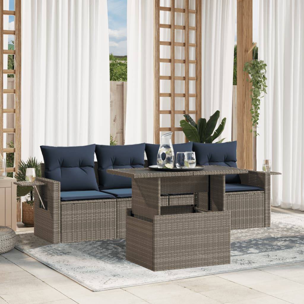 vidaXL 5-teiliges Gartensofa-Set mit Kissen, grau, Polyrattan