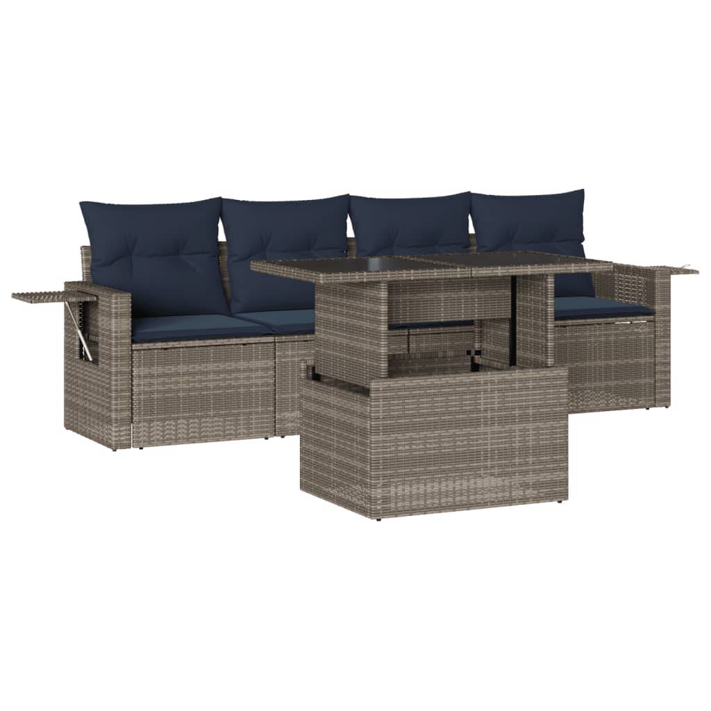 vidaXL 5-teiliges Gartensofa-Set mit Kissen, grau, Polyrattan