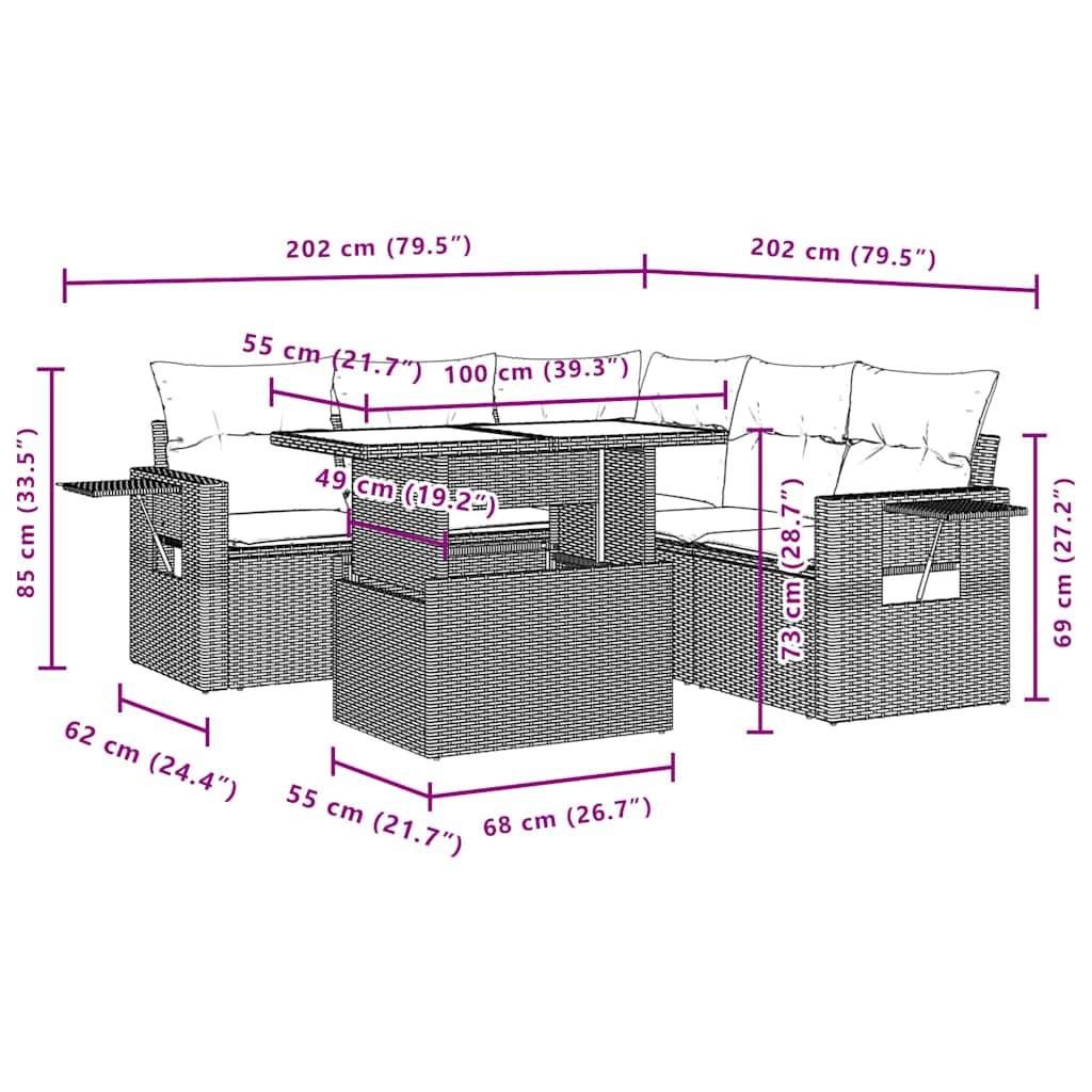 vidaXL 6-teiliges Gartensofa-Set mit Kissen, schwarzes Polyrattan