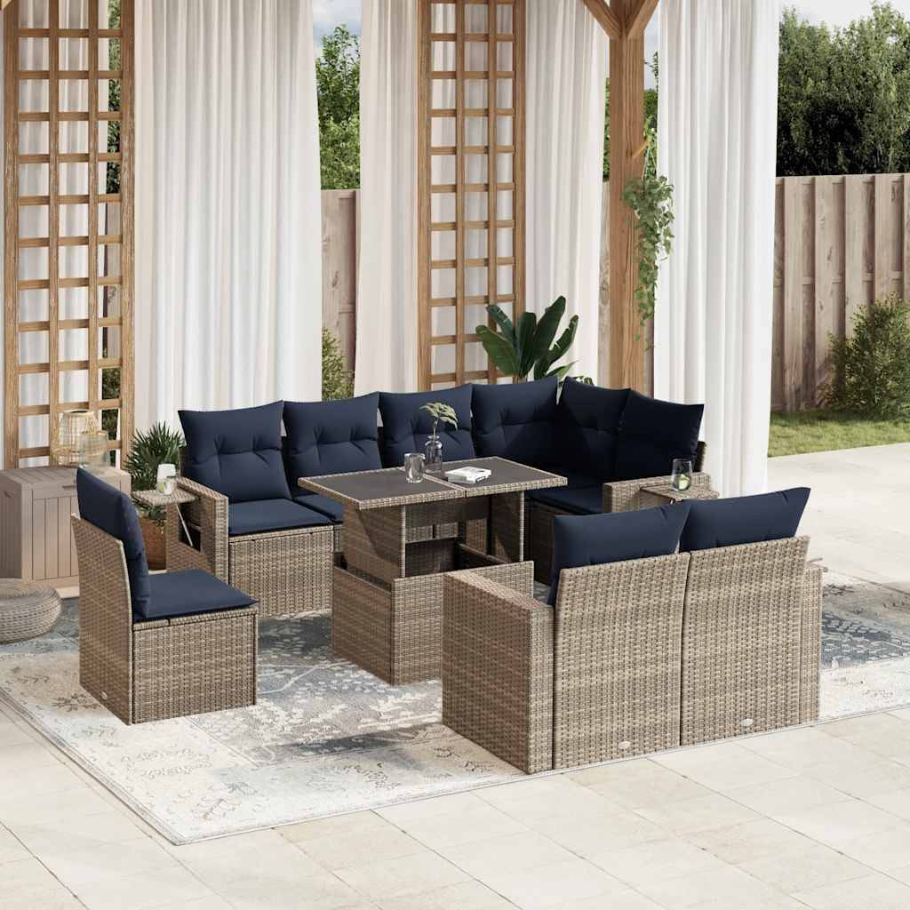 vidaXL 9-teiliges Gartensofa-Set mit Kissen, grau, Polyrattan