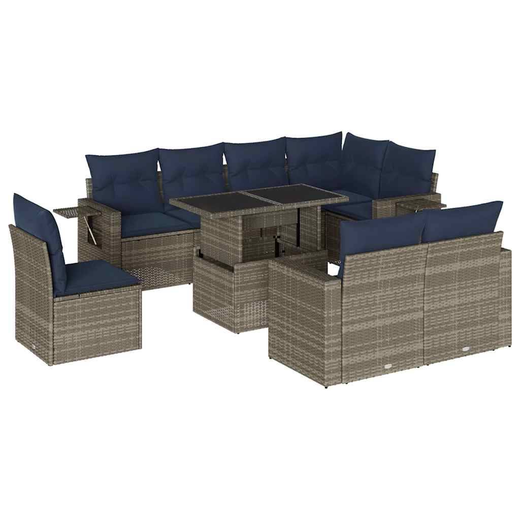 vidaXL 9-teiliges Gartensofa-Set mit Kissen, grau, Polyrattan