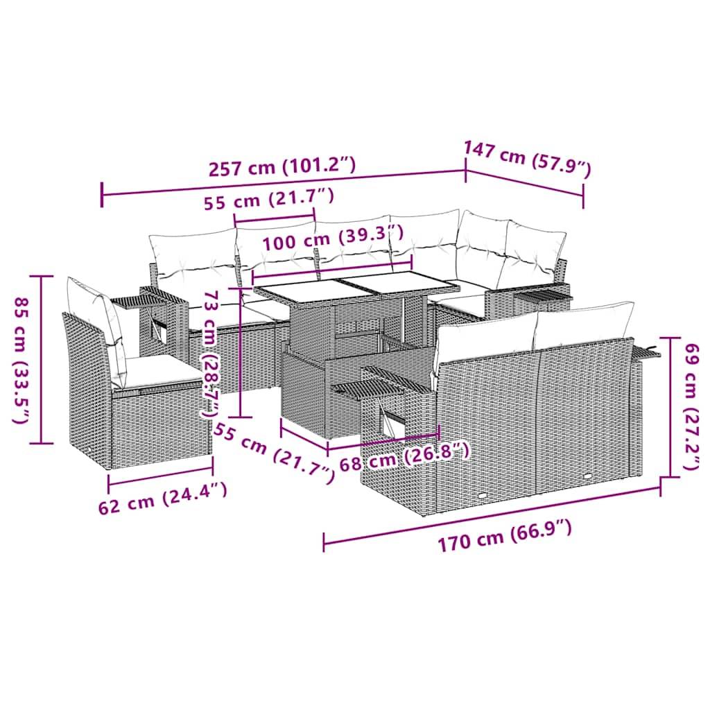 vidaXL 9-teiliges Gartensofa-Set mit Kissen, grau, Polyrattan