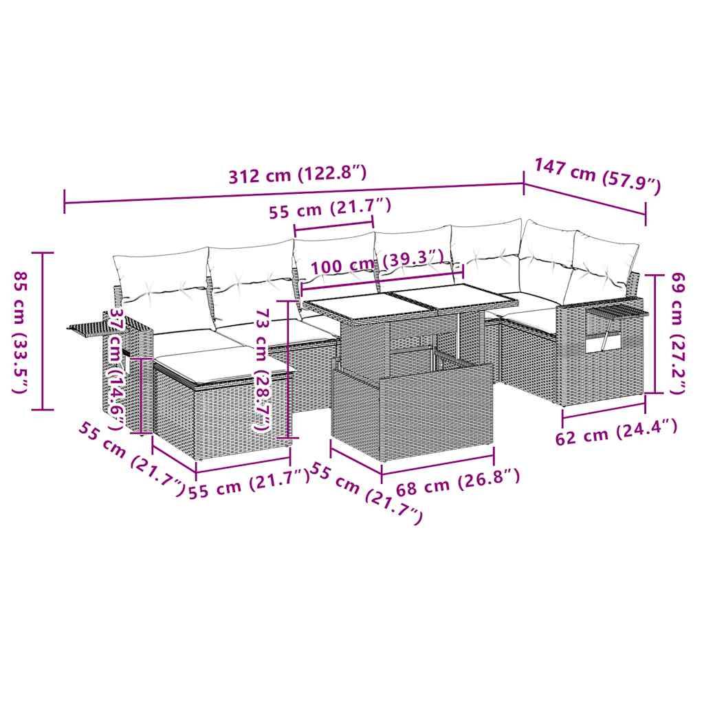 vidaXL 8-teiliges Gartensofa-Set mit Kissen, schwarzes Polyrattan