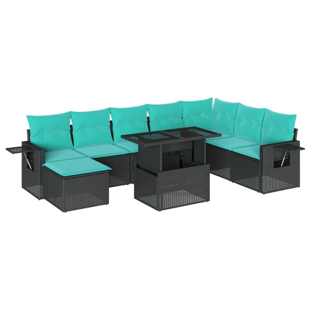 vidaXL 9-teiliges Gartensofa-Set mit Kissen, schwarzes Polyrattan
