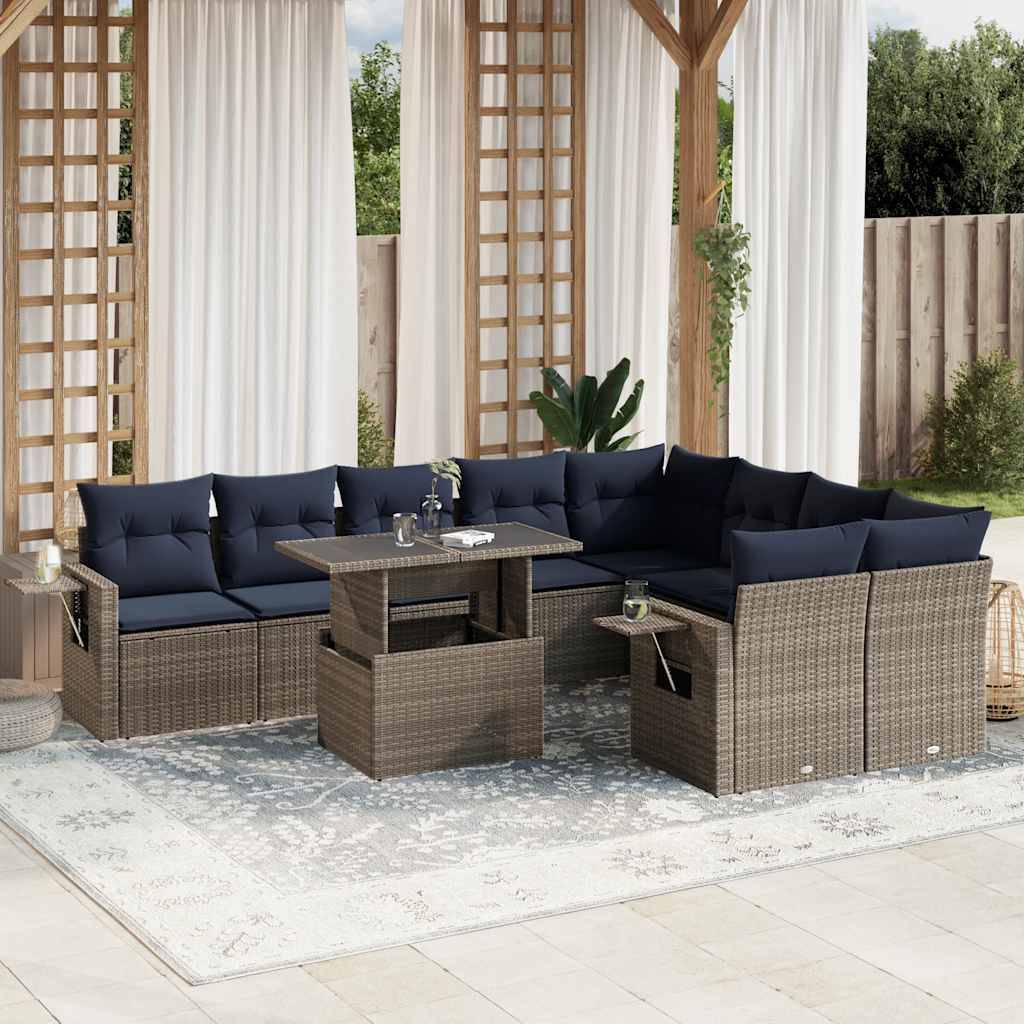 vidaXL 10-teiliges Gartensofa-Set mit Kissen, grau, Polyrattan