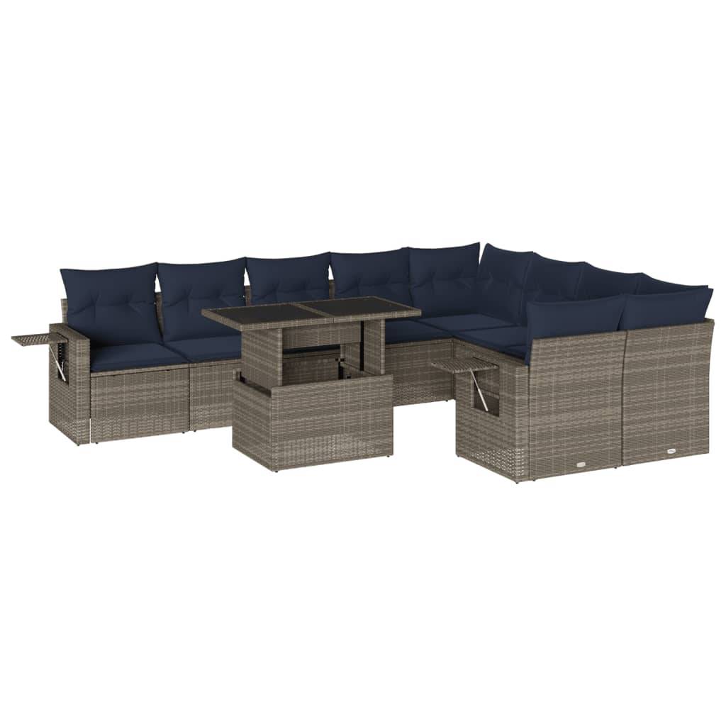 vidaXL 10-teiliges Gartensofa-Set mit Kissen, grau, Polyrattan