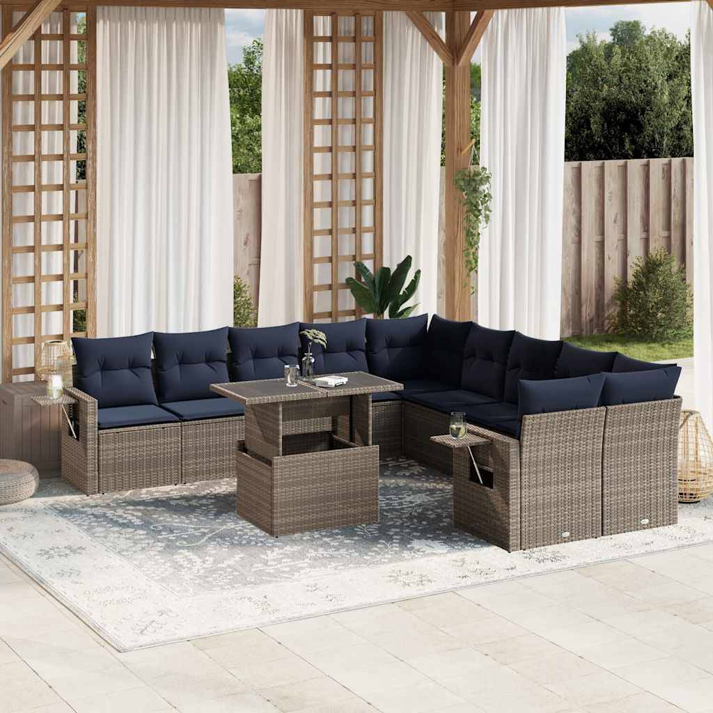 vidaXL 11-teiliges Gartensofa-Set mit Kissen, grau, Polyrattan