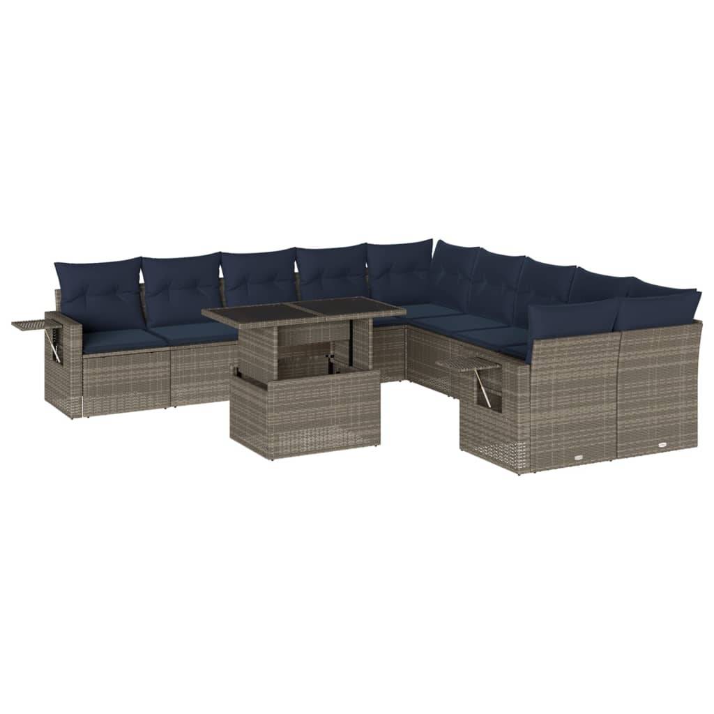 vidaXL 11-teiliges Gartensofa-Set mit Kissen, grau, Polyrattan