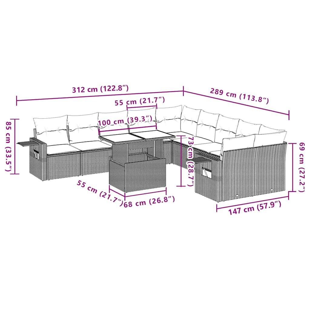 vidaXL 11-teiliges Gartensofa-Set mit Kissen, grau, Polyrattan