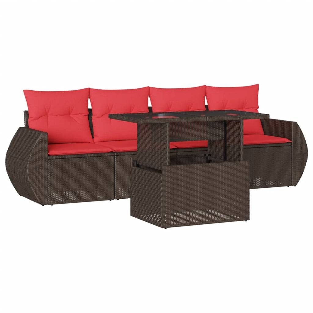 vidaXL 5-teiliges Gartensofa-Set mit Kissen, braun, Polyrattan