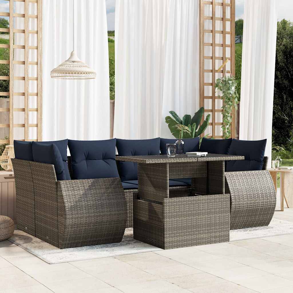 vidaXL 7-teiliges Gartensofa-Set mit Kissen, grau, Polyrattan