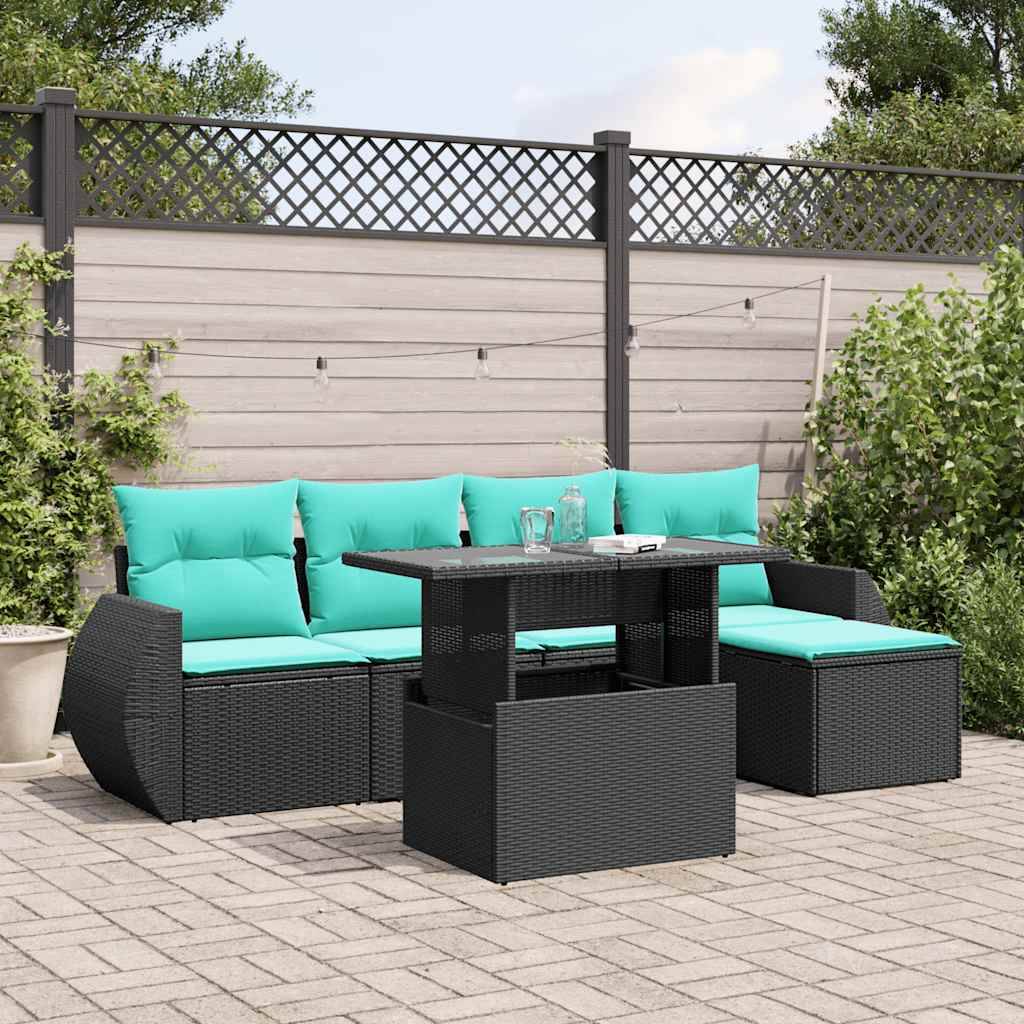 vidaXL 6-teiliges Gartensofa-Set mit Kissen, schwarzes Polyrattan