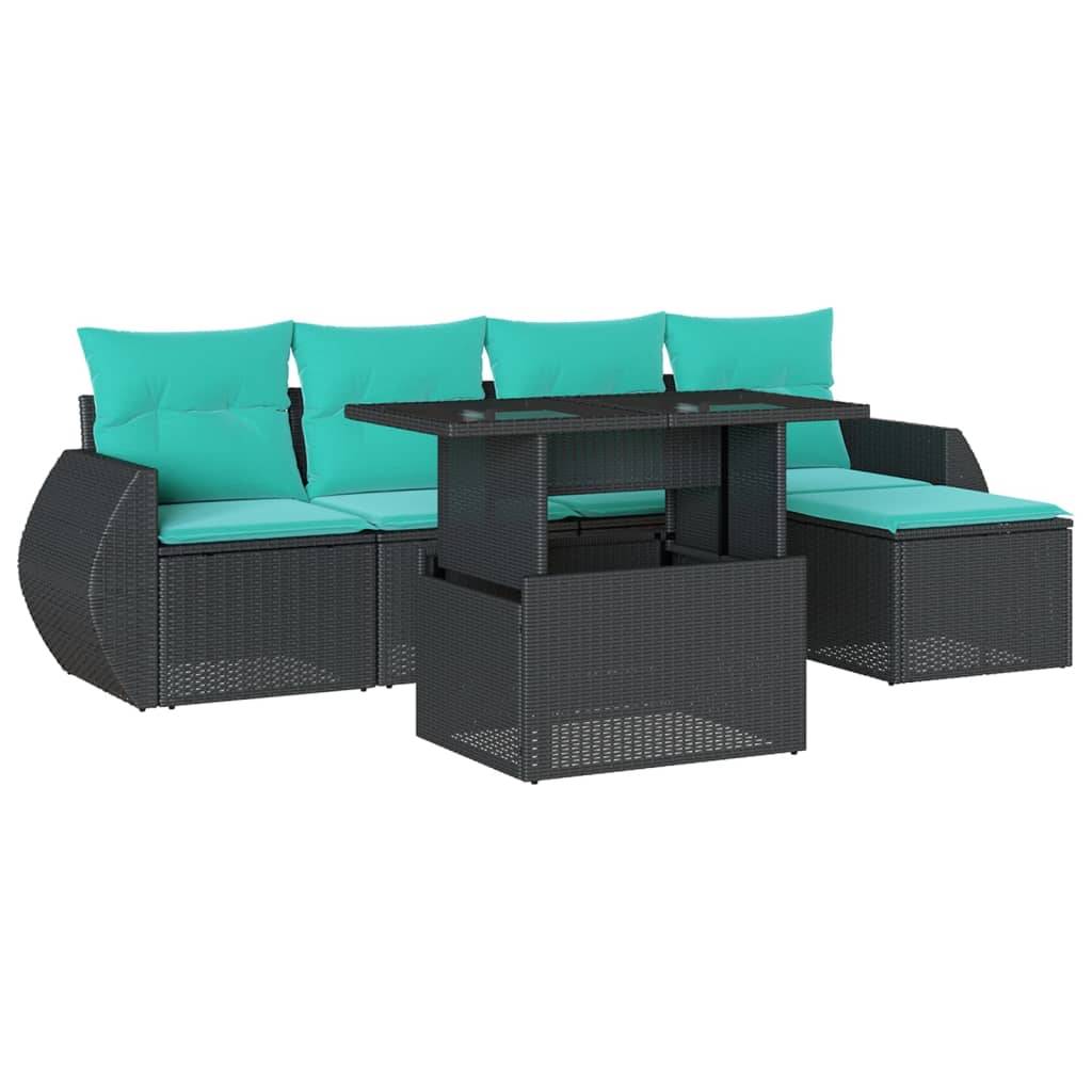 vidaXL 6-teiliges Gartensofa-Set mit Kissen, schwarzes Polyrattan