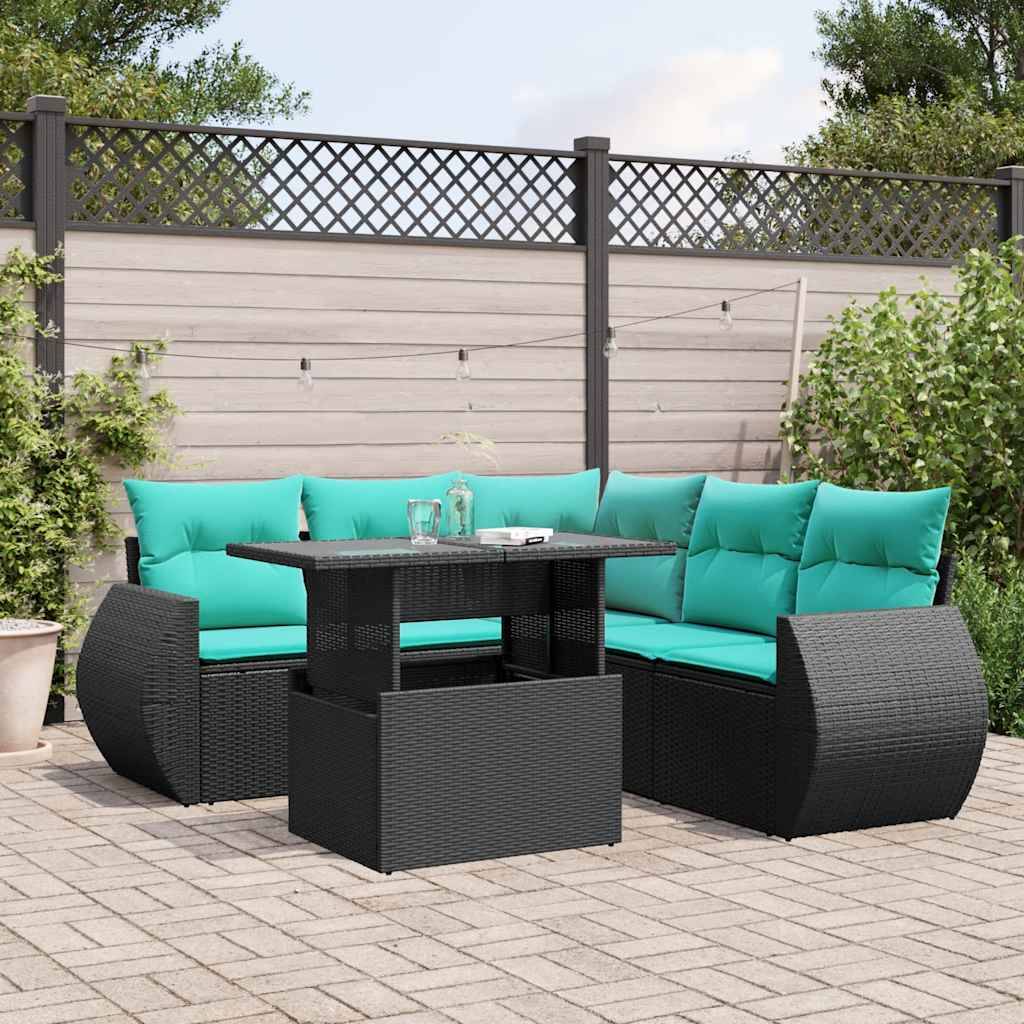 vidaXL 6-teiliges Gartensofa-Set mit Kissen, schwarzes Polyrattan