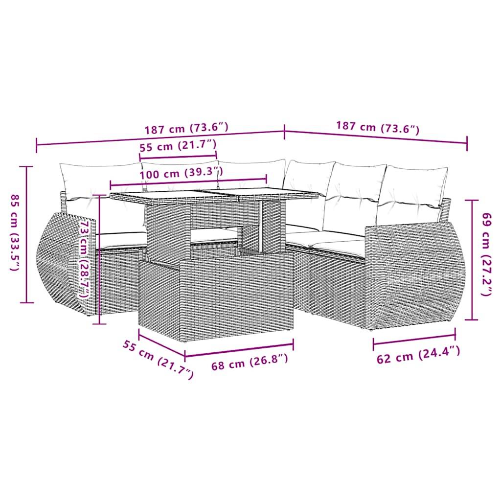 vidaXL 6-teiliges Gartensofa-Set mit Kissen, schwarzes Polyrattan