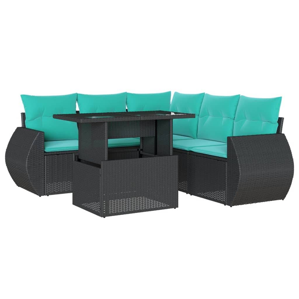 vidaXL 6-teiliges Gartensofa-Set mit Kissen, schwarzes Polyrattan