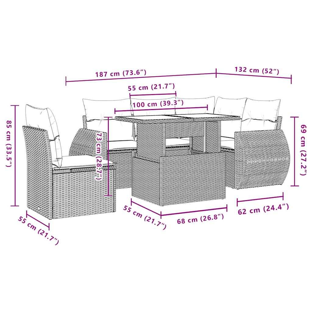 vidaXL 6-teiliges Gartensofa-Set mit Kissen, braun, Polyrattan