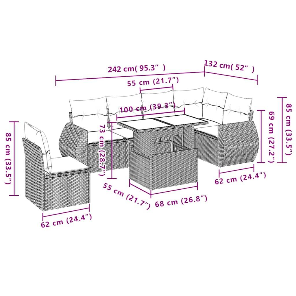 vidaXL 7-teiliges Gartensofa-Set mit Kissen, grau, Polyrattan