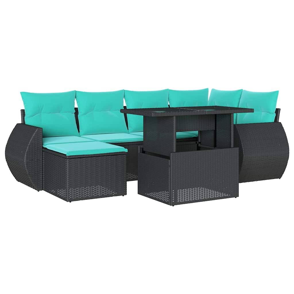vidaXL 7-teiliges Gartensofa-Set mit Kissen, schwarzes Polyrattan