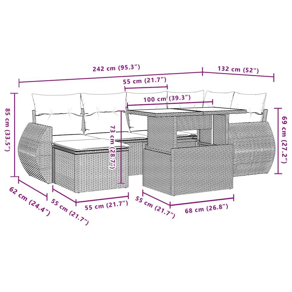 vidaXL 7-teiliges Gartensofa-Set mit Kissen, schwarzes Polyrattan