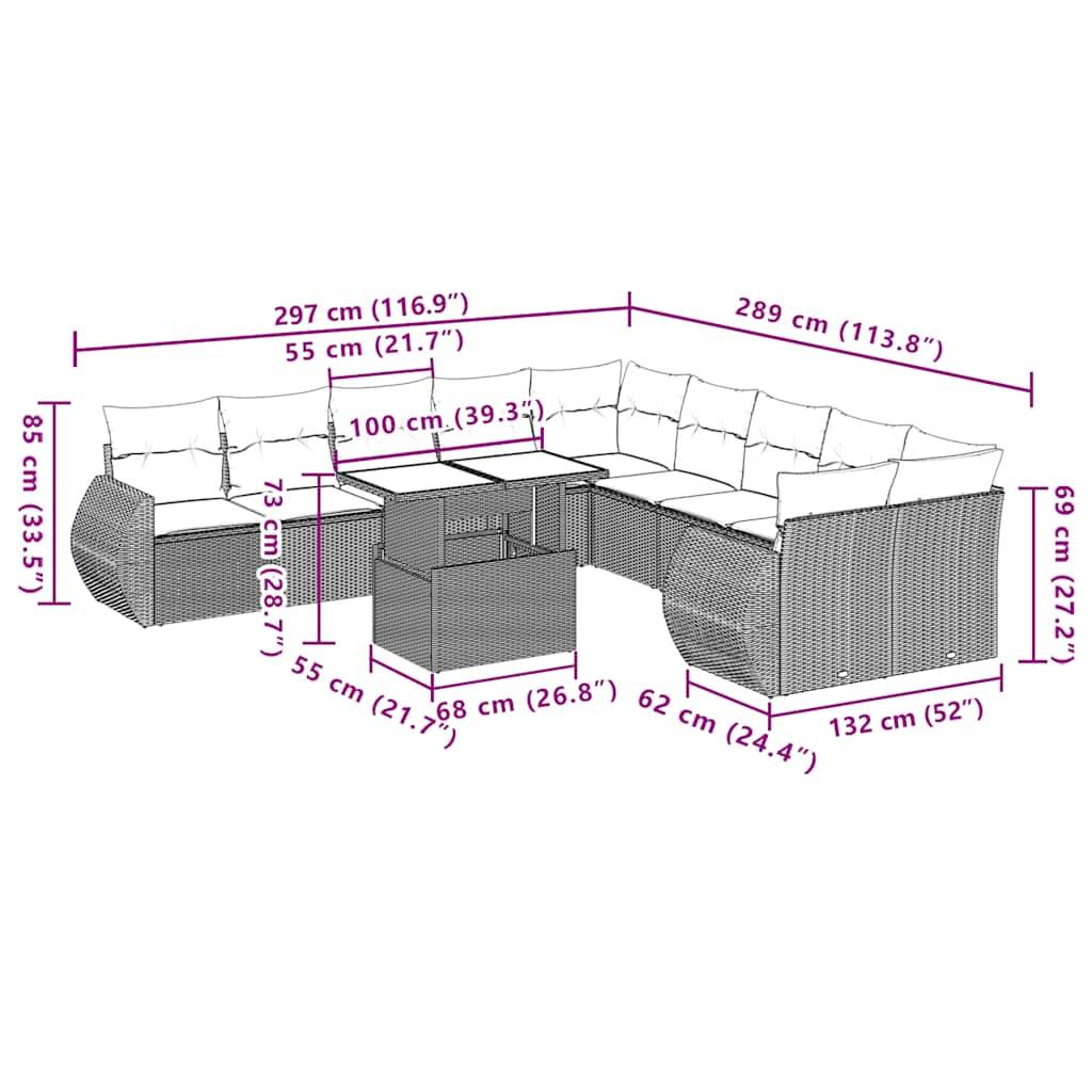 vidaXL 11-teiliges Gartensofa-Set mit Kissen, grau, Polyrattan