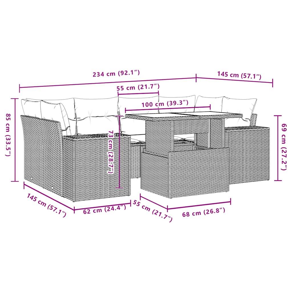 vidaXL 7-teiliges Gartensofa-Set mit Kissen, braun, Polyrattan