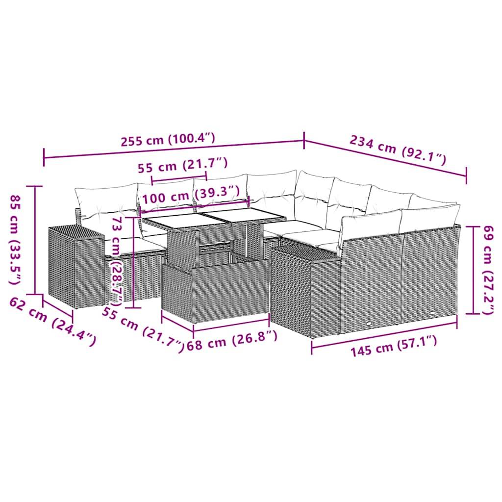 vidaXL 9-teiliges Gartensofa-Set mit Kissen, schwarzes Polyrattan