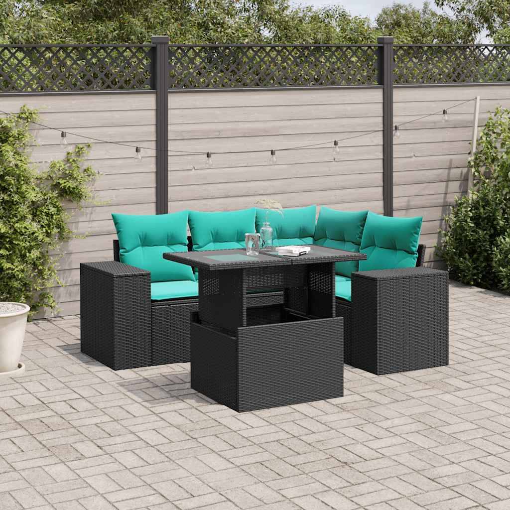 vidaXL 5-teiliges Gartensofa-Set mit Kissen, schwarzes Polyrattan