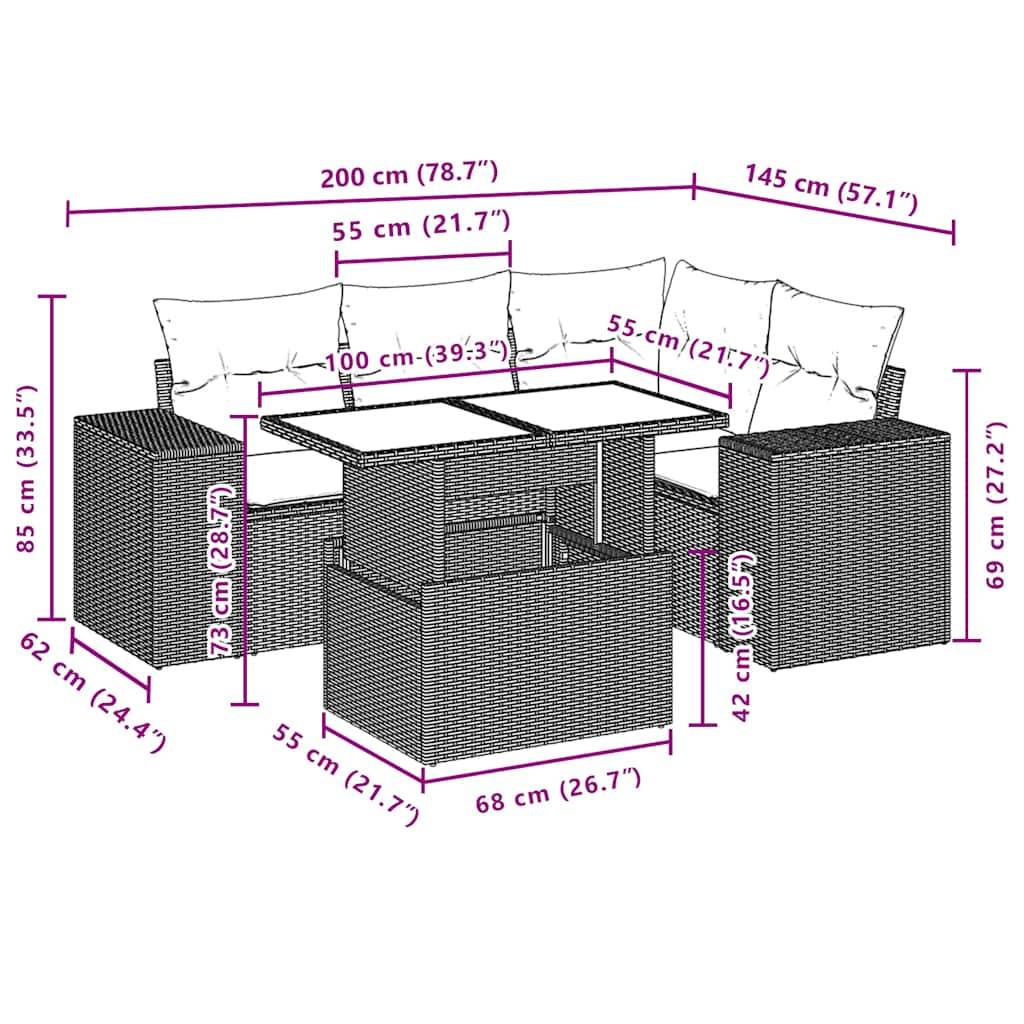vidaXL 5-teiliges Gartensofa-Set mit Kissen, schwarzes Polyrattan