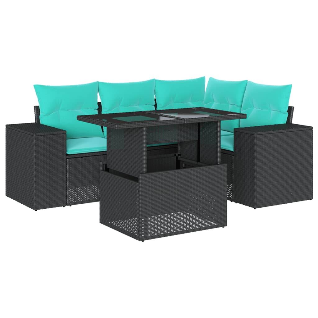 vidaXL 5-teiliges Gartensofa-Set mit Kissen, schwarzes Polyrattan