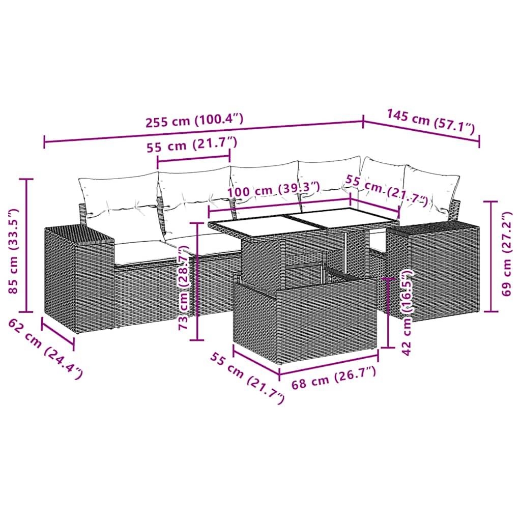 vidaXL 6-teiliges Gartensofa-Set mit Kissen, schwarzes Polyrattan