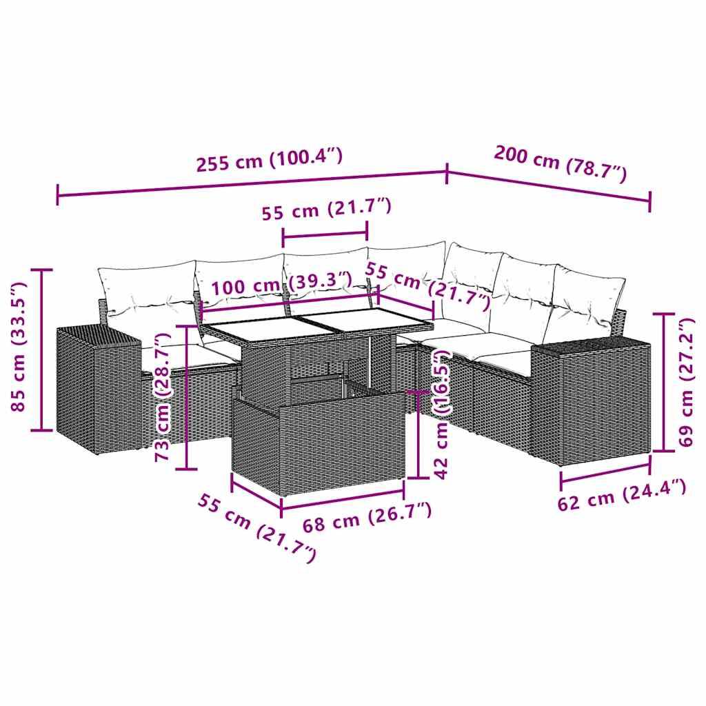 vidaXL 7-teiliges Gartensofa-Set mit Kissen, braun, Polyrattan