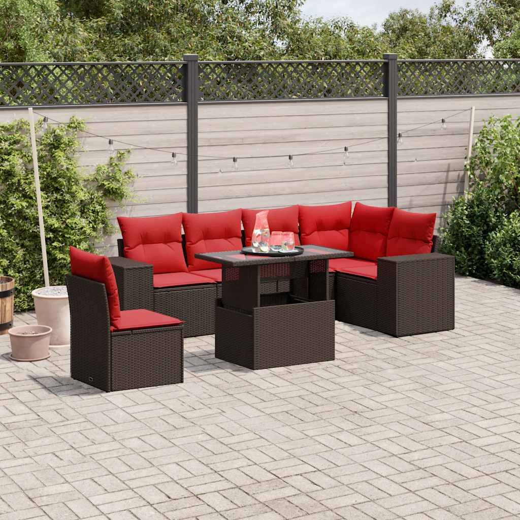 vidaXL 7-teiliges Gartensofa-Set mit Kissen, braun, Polyrattan
