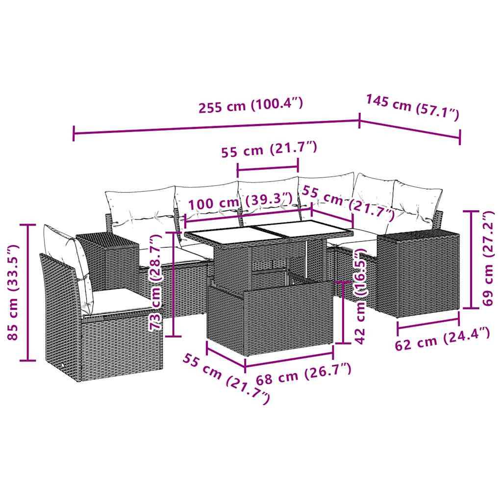 vidaXL 7-teiliges Gartensofa-Set mit Kissen, braun, Polyrattan