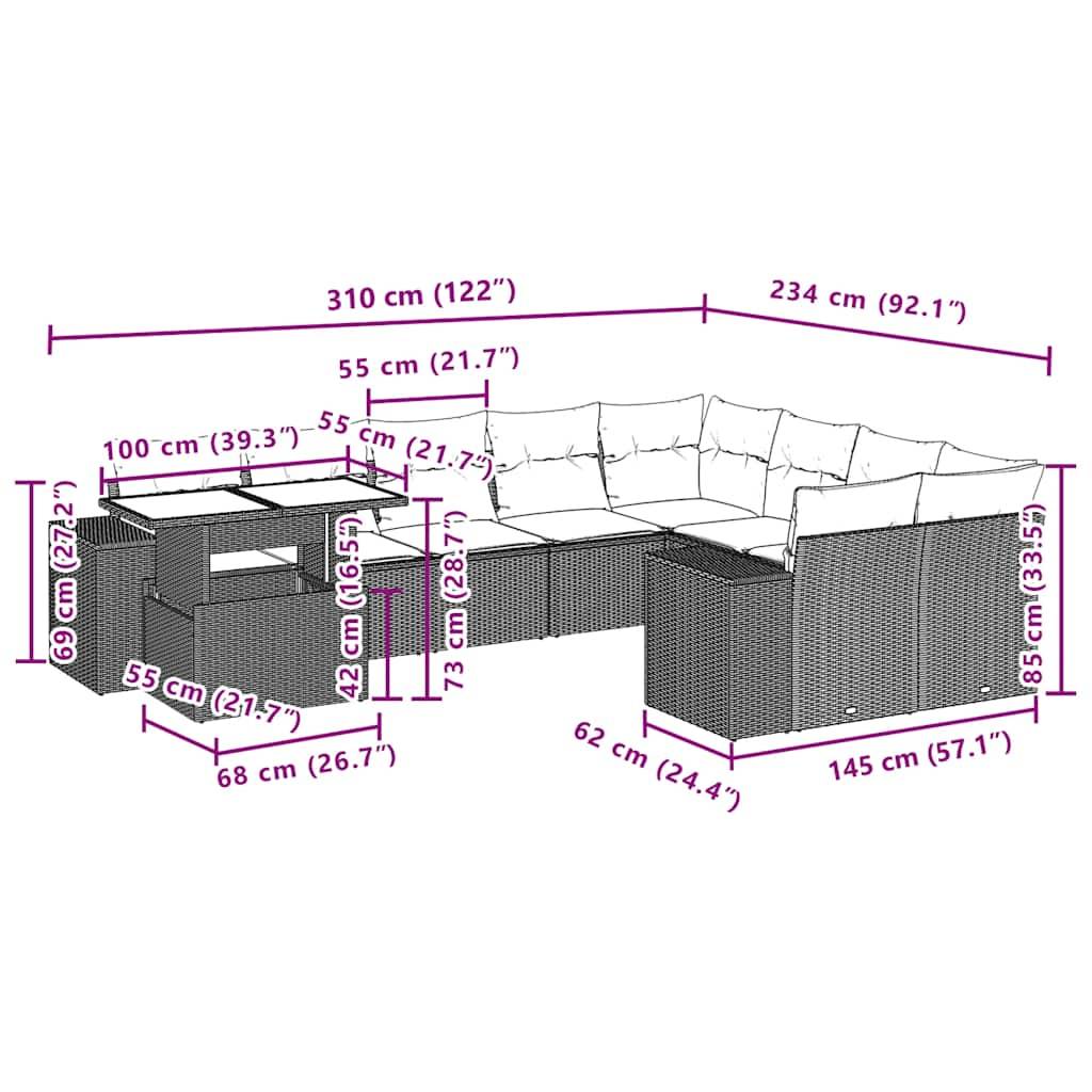 vidaXL 10-teiliges Gartensofa-Set mit Kissen, schwarzes Polyrattan
