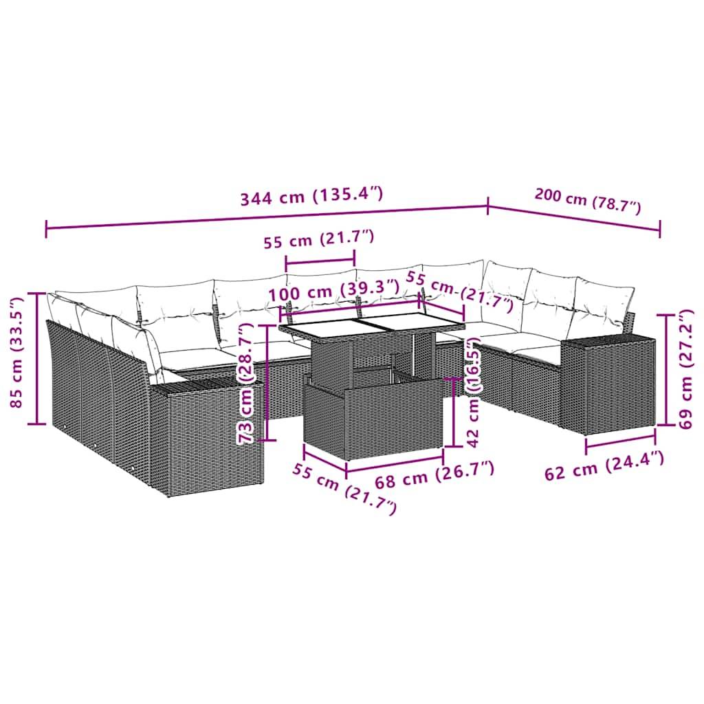 vidaXL 11-teiliges Gartensofa-Set mit Kissen, schwarzes Polyrattan