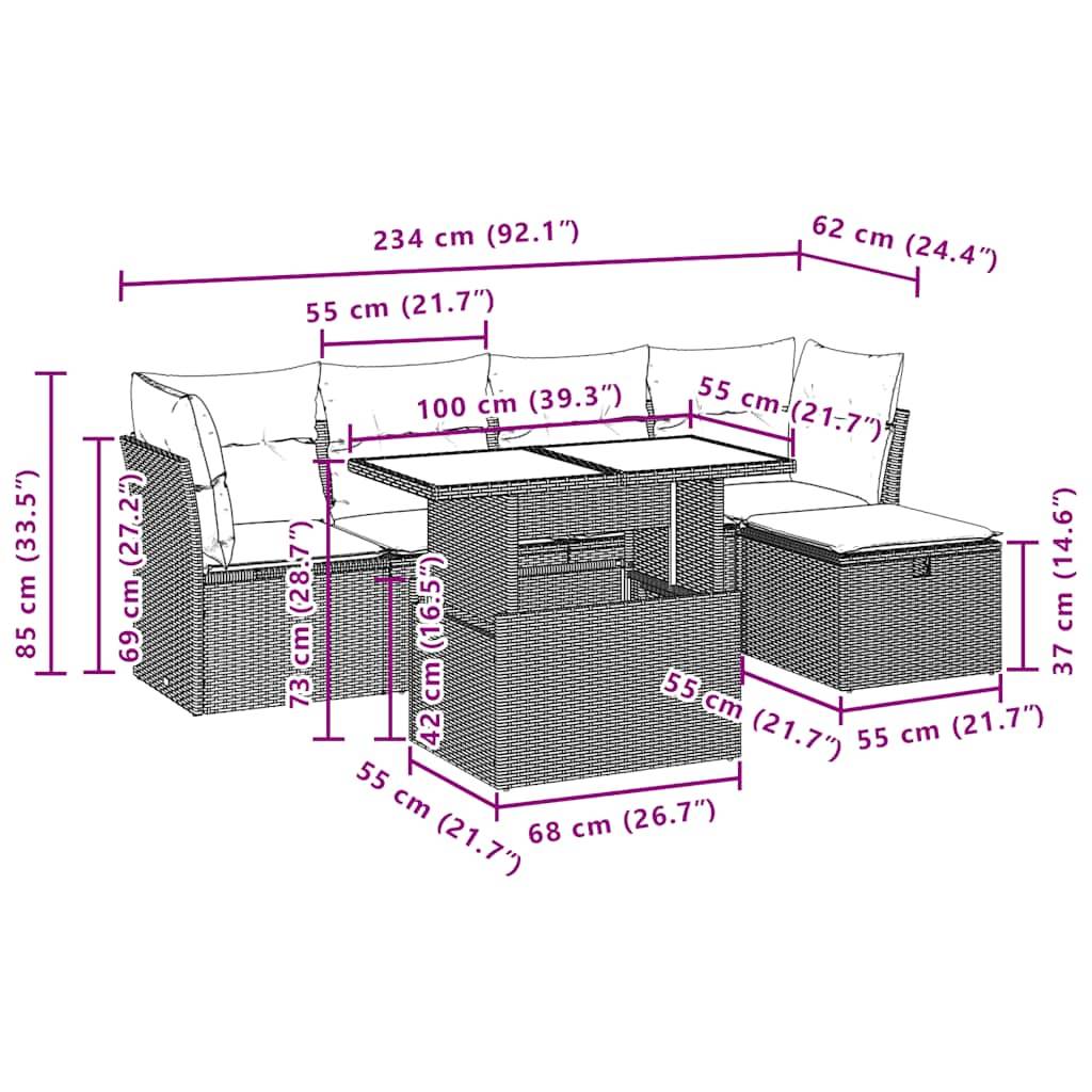 vidaXL 6-teiliges Gartensofa-Set mit Kissen, schwarzes Polyrattan