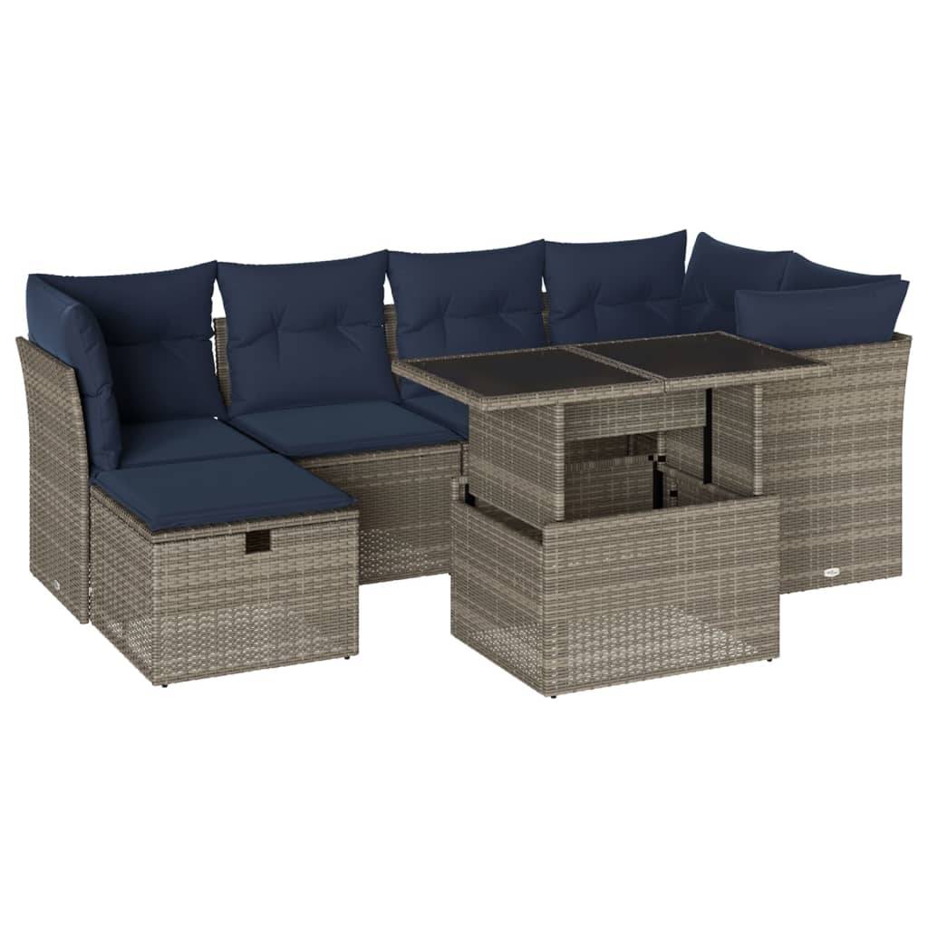vidaXL 7-teiliges Gartensofa-Set mit Kissen, grau, Polyrattan