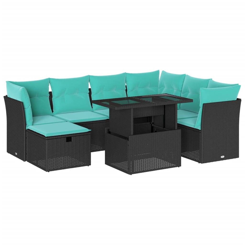 vidaXL 8-teiliges Gartensofa-Set mit Kissen, schwarzes Polyrattan